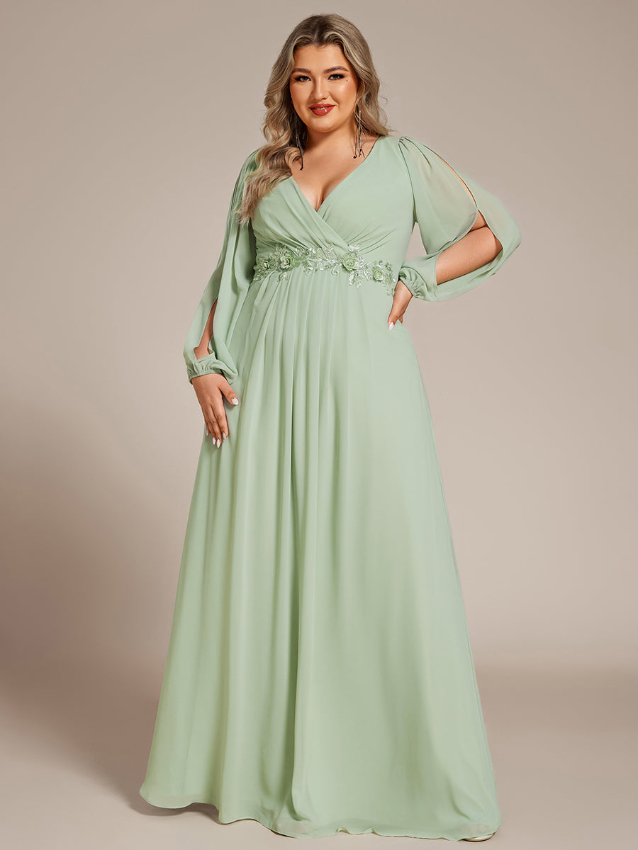 Robe de Soiree Longue Elegante Avec Lanterne en V Profond a Manches Fendues et Appliques #Couleur_Menthe Verte