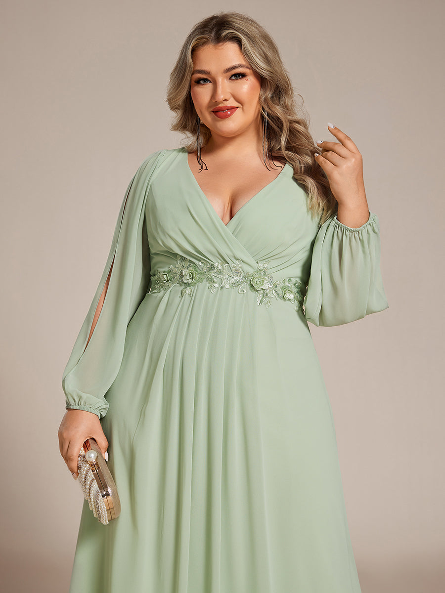 Robe de Soiree Longue Elegante Avec Lanterne en V Profond a Manches Fendues et Appliques #Couleur_Menthe Verte