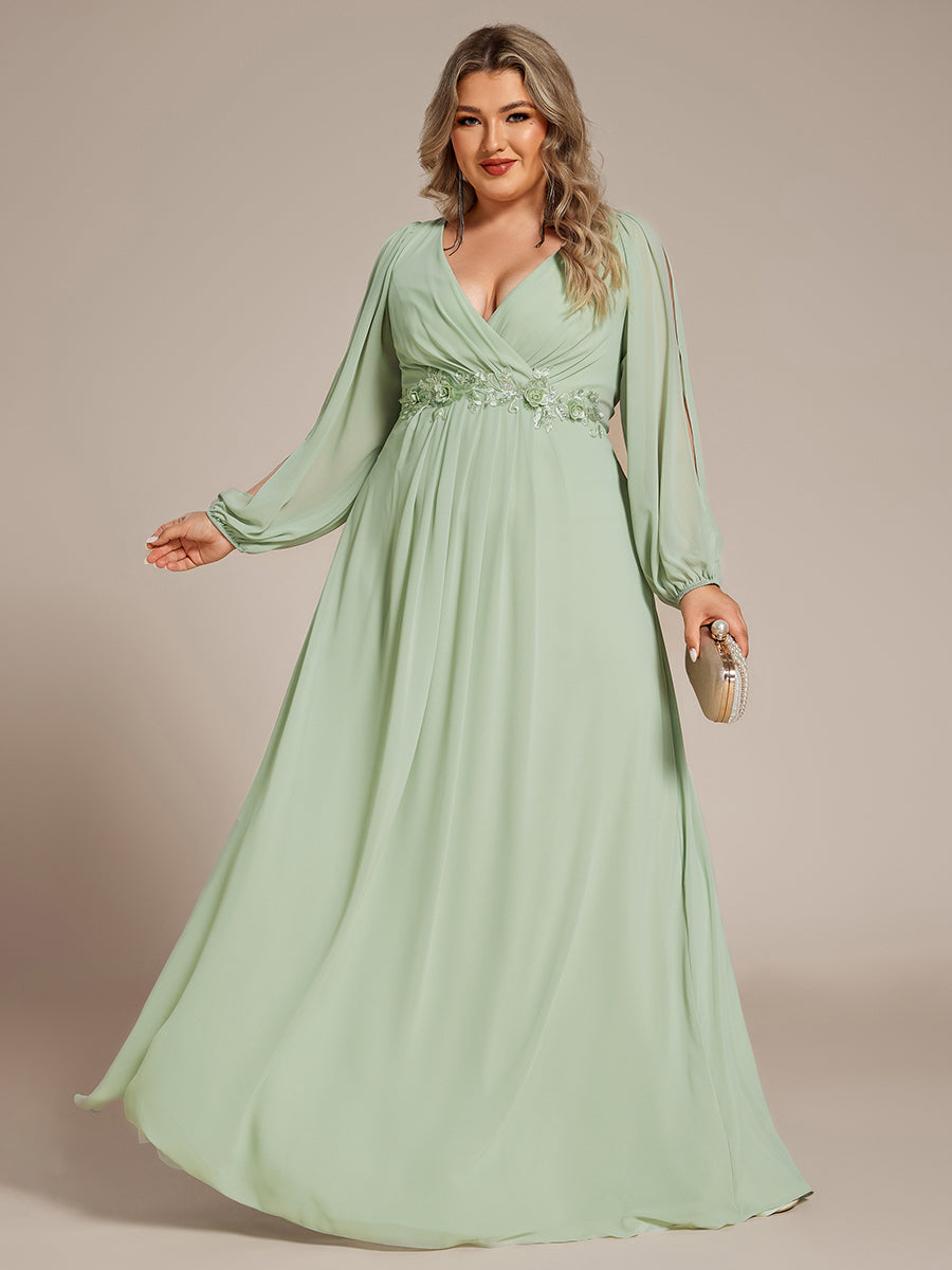 Robe de Soiree Longue Elegante Avec Lanterne en V Profond a Manches Fendues et Appliques #Couleur_Menthe Verte