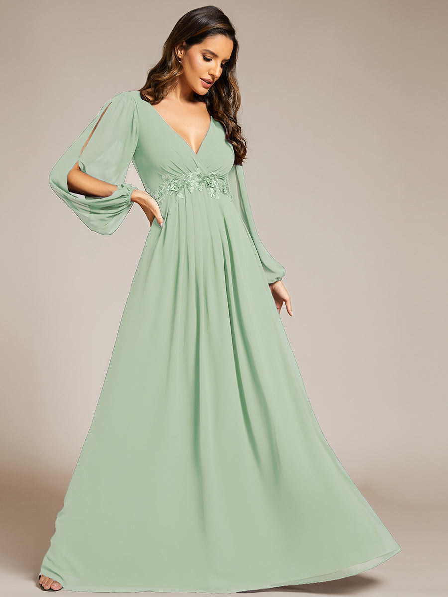 Robe de Soiree Longue Elegante Avec Lanterne en V Profond a Manches Fendues et Appliques #Couleur_Menthe Verte