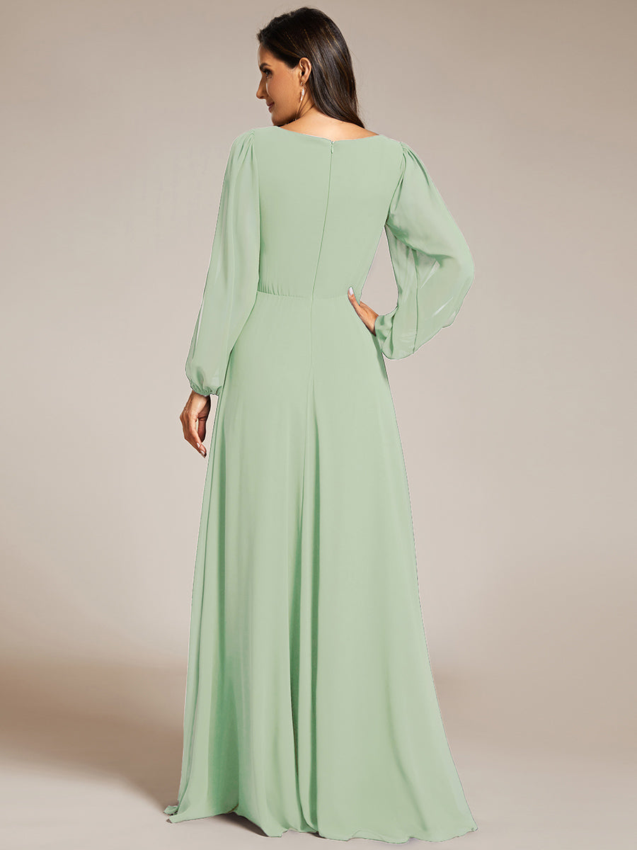 Robe de Soiree Longue Elegante Avec Lanterne en V Profond a Manches Fendues et Appliques #Couleur_Menthe Verte