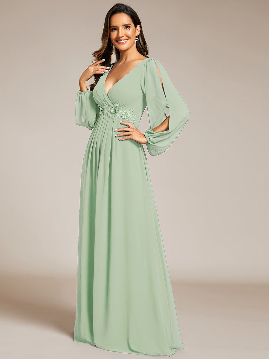 Robe de Soiree Longue Elegante Avec Lanterne en V Profond a Manches Fendues et Appliques #Couleur_Menthe Verte