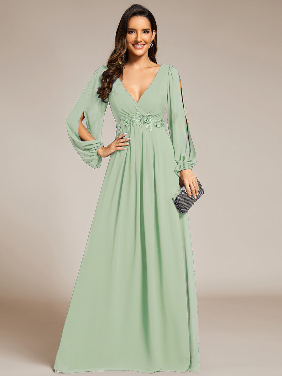 Robe de Soiree Longue Elegante Avec Lanterne en V Profond a Manches Fendues et Appliques #Couleur_Menthe Verte