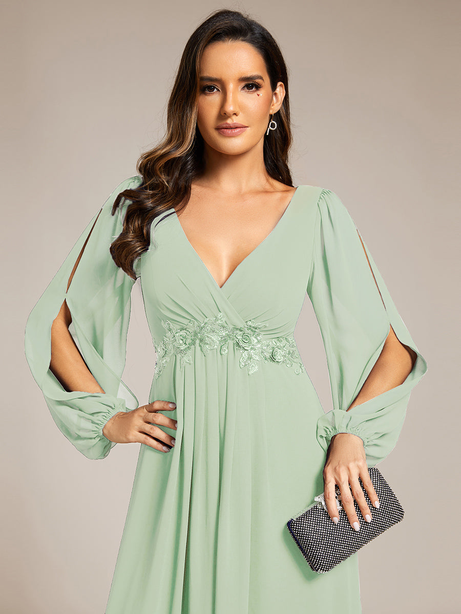 Robe de Soiree Longue Elegante Avec Lanterne en V Profond a Manches Fendues et Appliques #Couleur_Menthe Verte