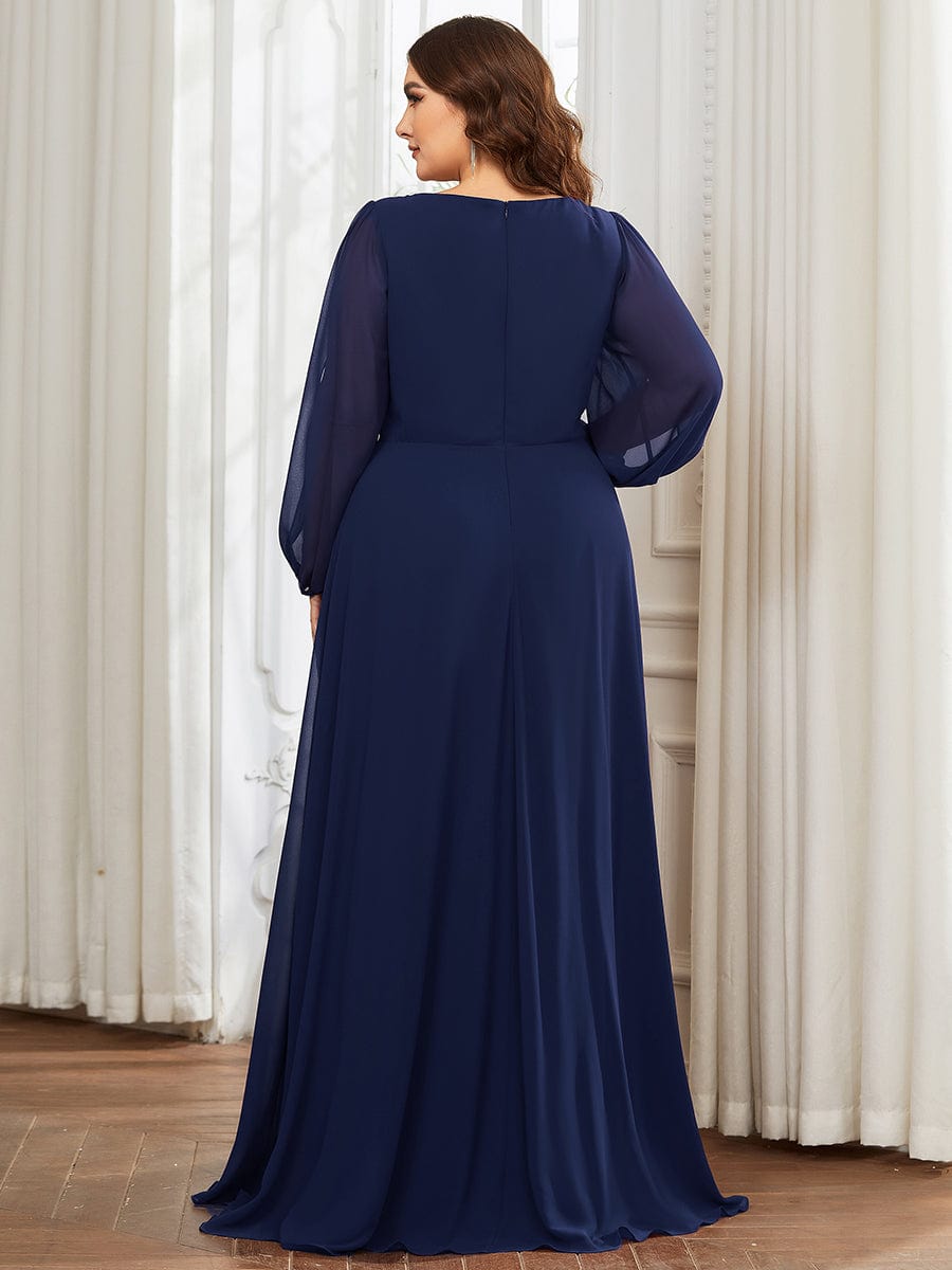 Robe de Soiree Longue Elegante Avec Lanterne en V Profond a Manches Fendues et Appliques #Couleur_Bleu Marine