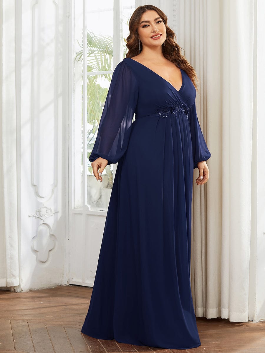 Robe de Soiree Longue Elegante Avec Lanterne en V Profond a Manches Fendues et Appliques #Couleur_Bleu Marine