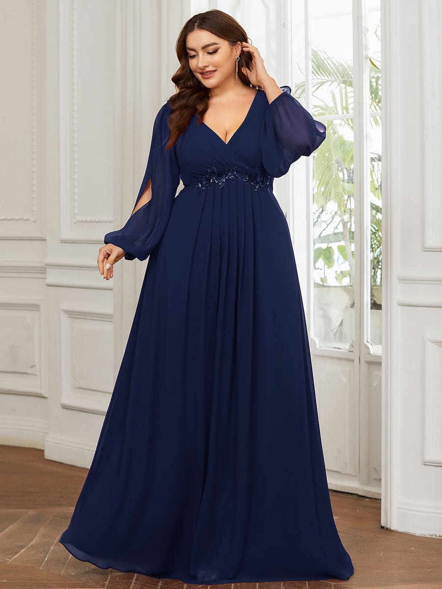 Robe de Soiree Longue Elegante Avec Lanterne en V Profond a Manches Fendues et Appliques #Couleur_Bleu Marine