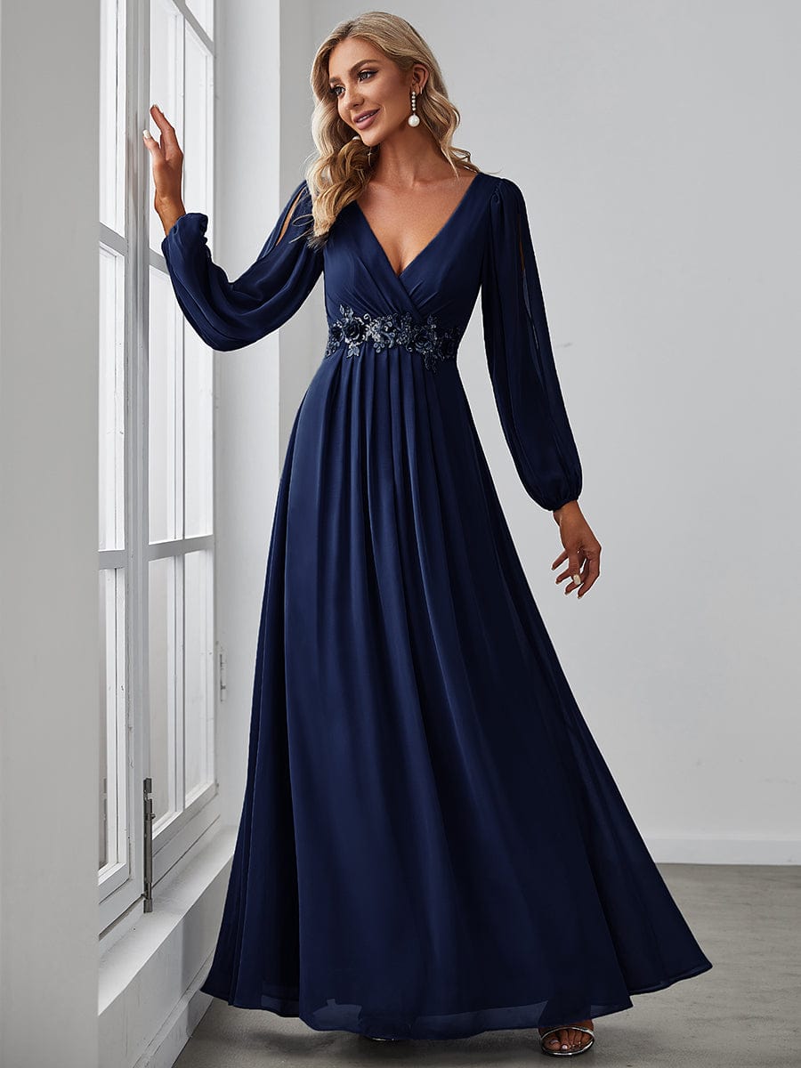 Robe de Soiree Longue Elegante Avec Lanterne en V Profond a Manches Fendues et Appliques #Couleur_Bleu Marine