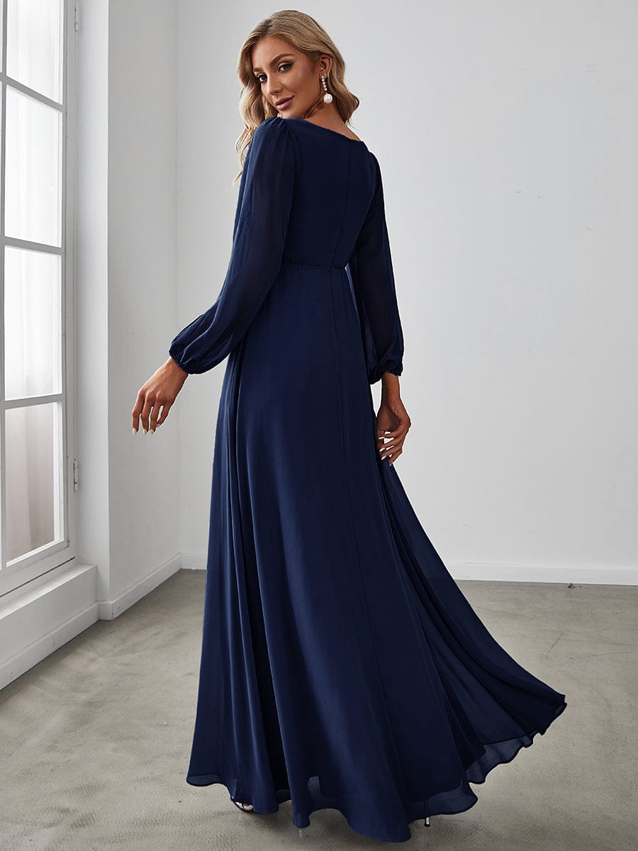 Robe de Soiree Longue Elegante Avec Lanterne en V Profond a Manches Fendues et Appliques #Couleur_Bleu Marine