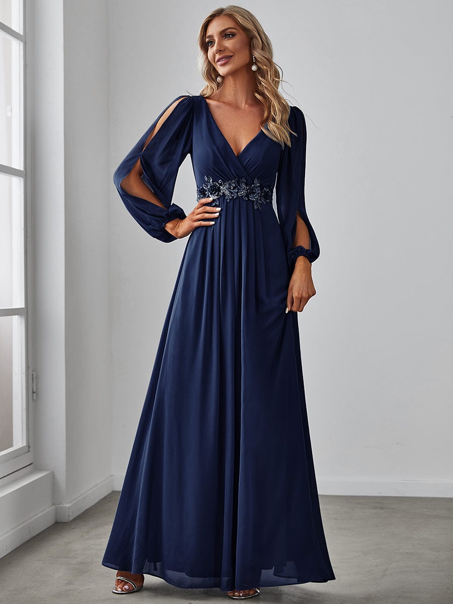 Robe de Soiree Longue Elegante Avec Lanterne en V Profond a Manches Fendues et Appliques #Couleur_Bleu Marine