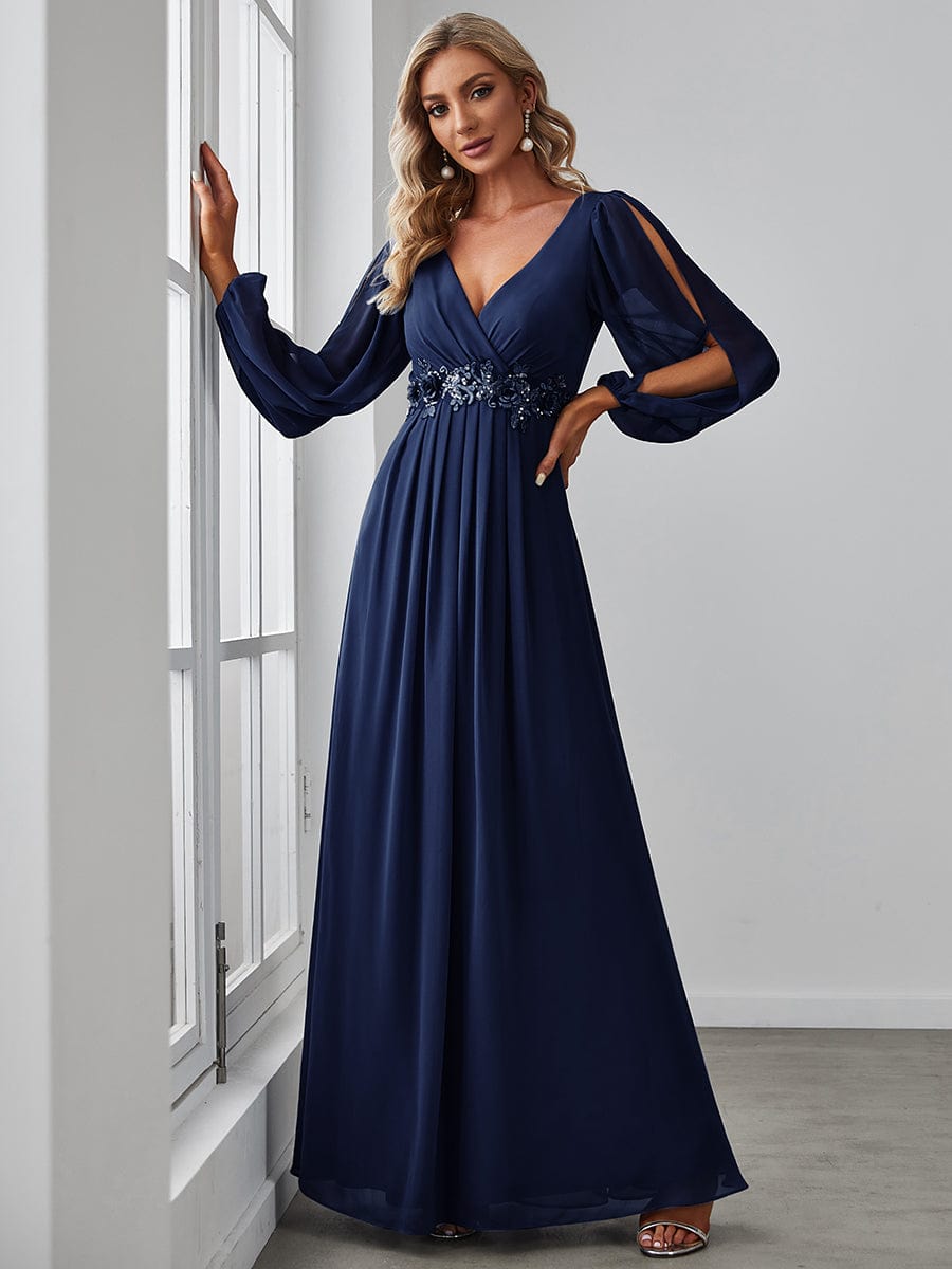 Robe de Soiree Longue Elegante Avec Lanterne en V Profond a Manches Fendues et Appliques #Couleur_Bleu Marine