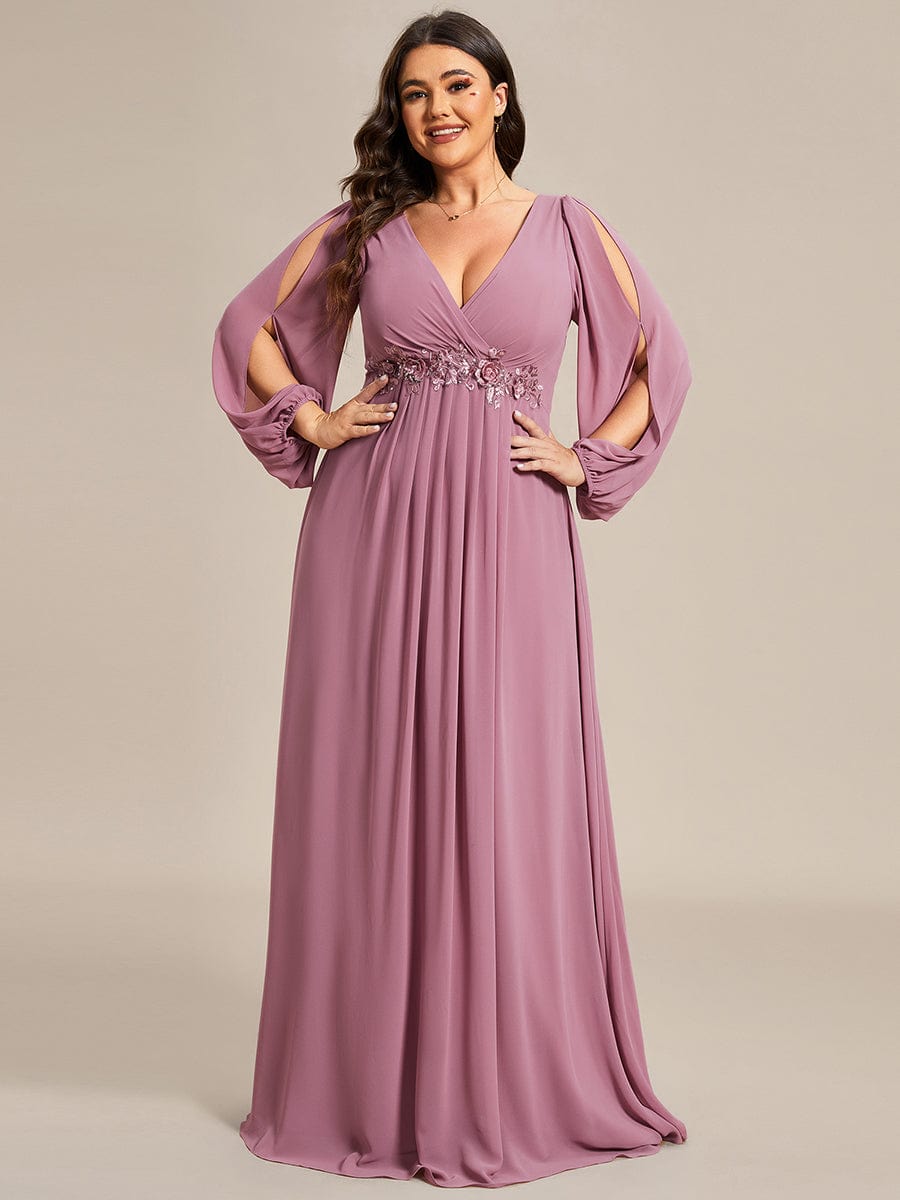 Robe de Soiree Longue Elegante Avec Lanterne en V Profond a Manches Fendues et Appliques #Couleur_Orchidee