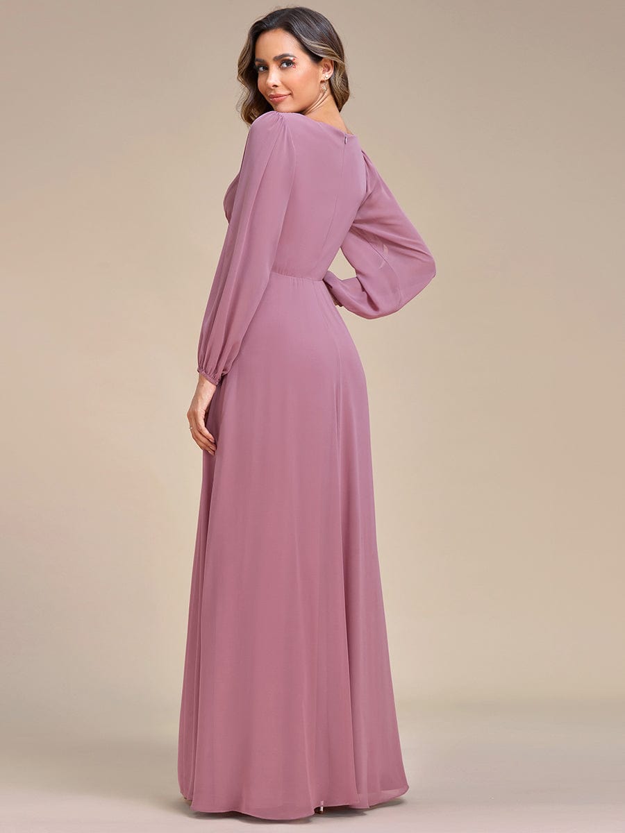 Robe de Soiree Longue Elegante Avec Lanterne en V Profond a Manches Fendues et Appliques #Couleur_Orchidee