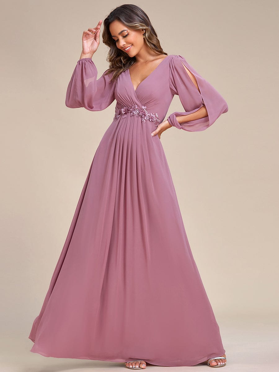 Robe de Soiree Longue Elegante Avec Lanterne en V Profond a Manches Fendues et Appliques #Couleur_Orchidee