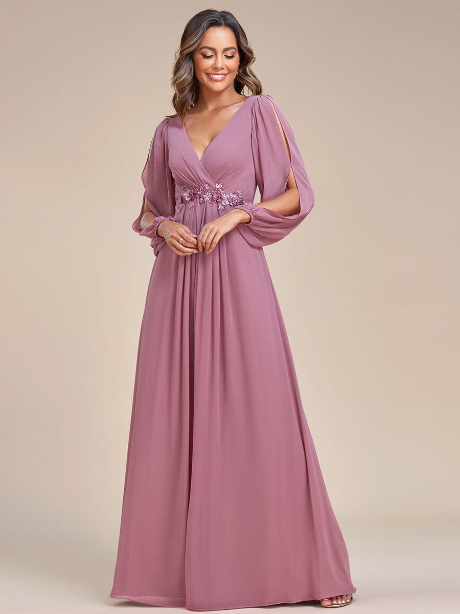 Robe de Soiree Longue Elegante Avec Lanterne en V Profond a Manches Fendues et Appliques #Couleur_Orchidee