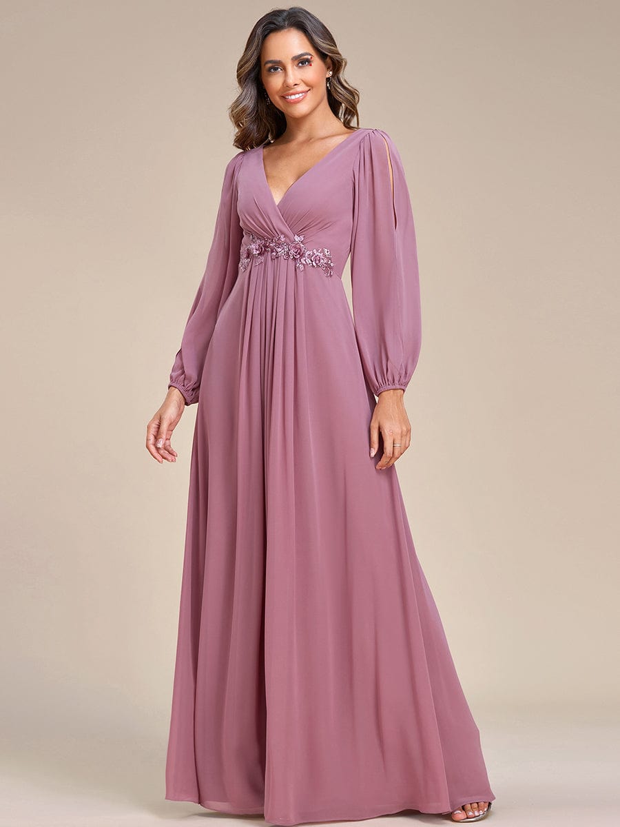 Robe de Soiree Longue Elegante Avec Lanterne en V Profond a Manches Fendues et Appliques #Couleur_Orchidee