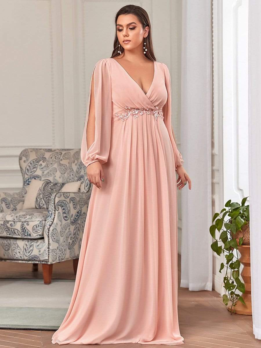 Robe de Soiree Longue Elegante Avec Lanterne en V Profond a Manches Fendues et Appliques #Couleur_Rose