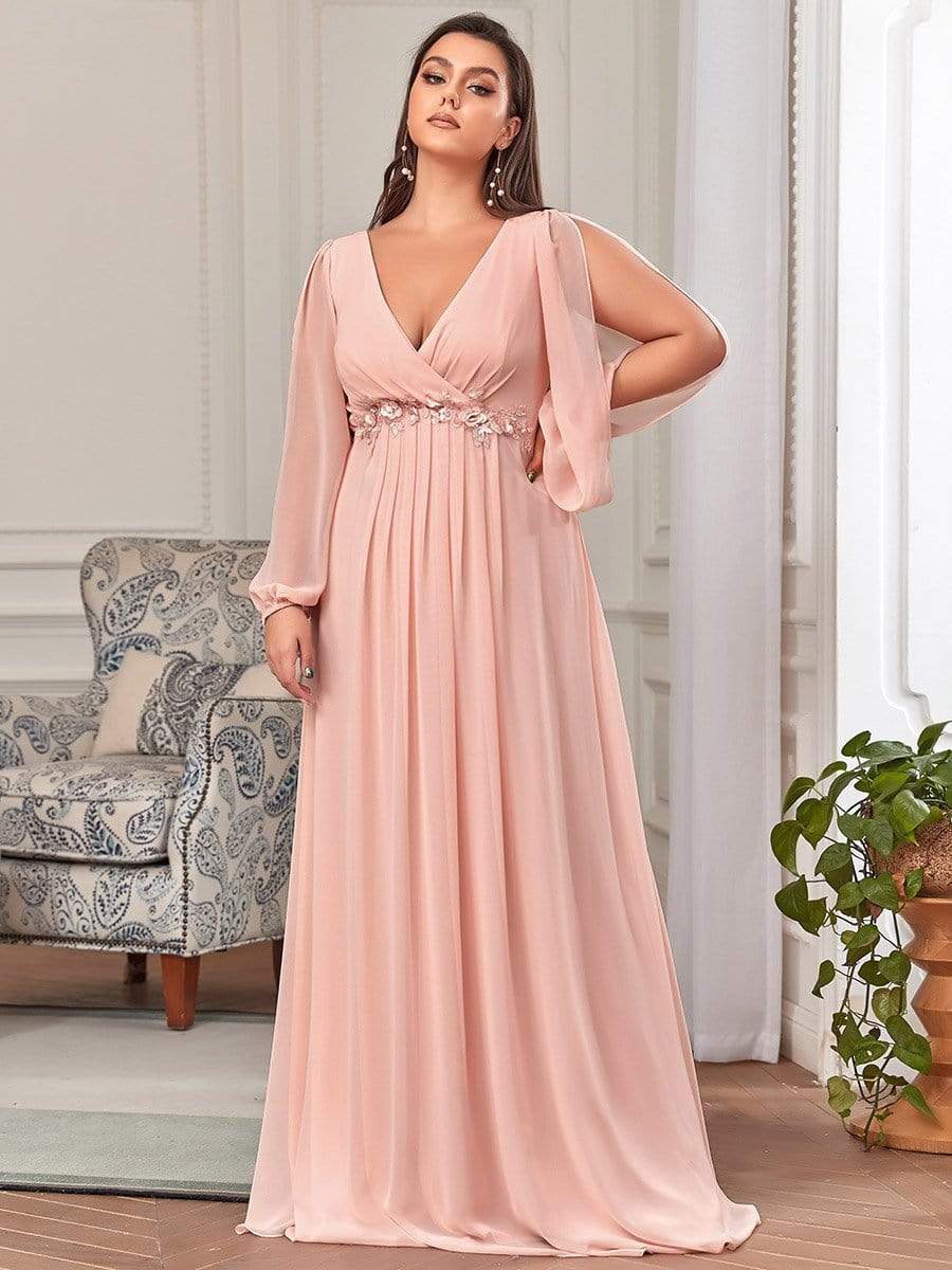 Robe de Soiree Longue Elegante Avec Lanterne en V Profond a Manches Fendues et Appliques #Couleur_Rose