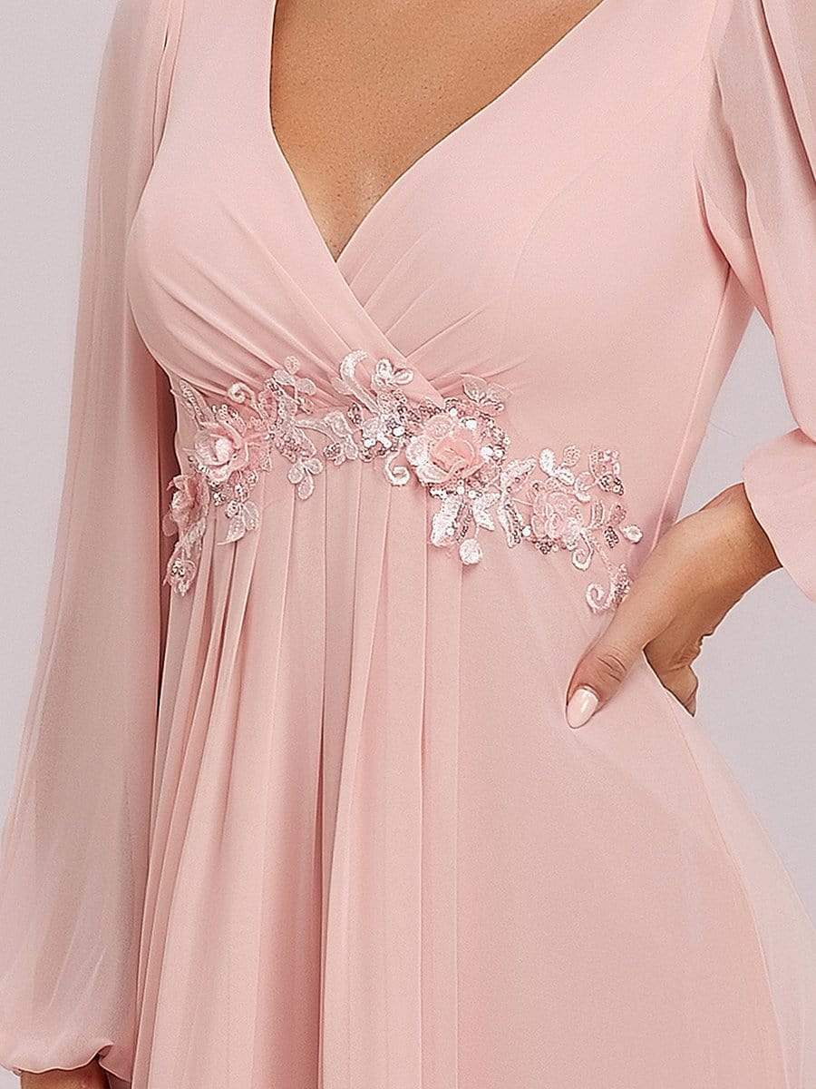 Robe de Soiree Longue Elegante Avec Lanterne en V Profond a Manches Fendues et Appliques #Couleur_Rose