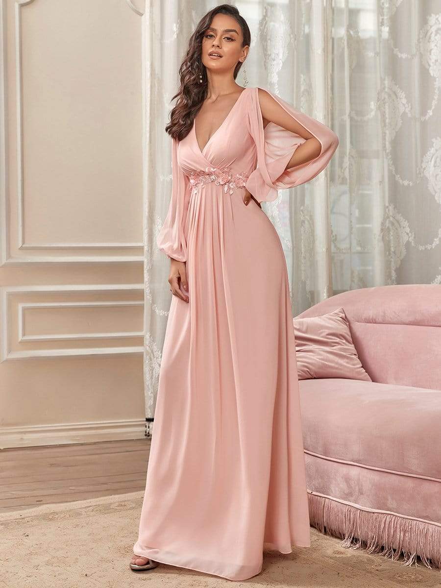 Robe mariage invitée Longue Elegante Avec Lanterne en V Profond #Couleur_Rose