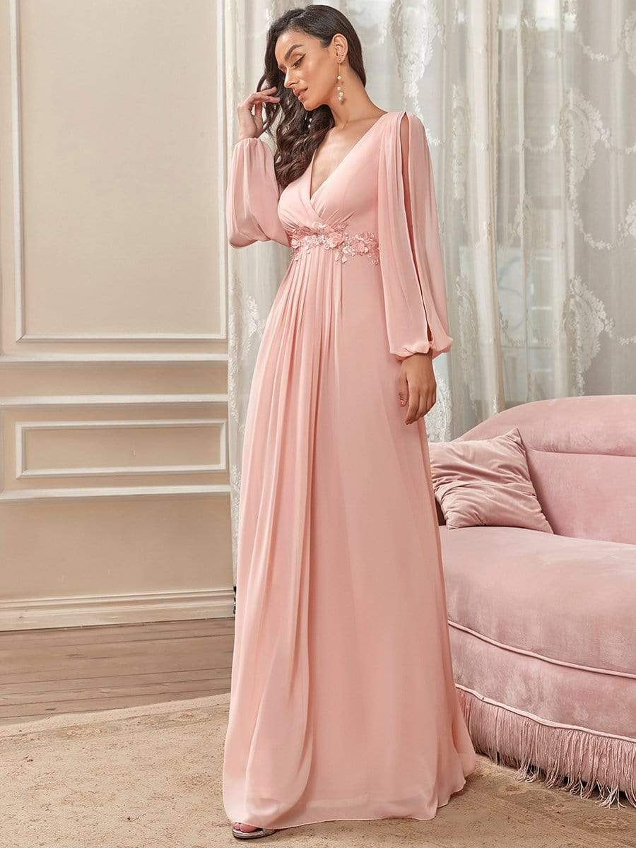 Robe de Soiree Longue Elegante Avec Lanterne en V Profond a Manches Fendues et Appliques #Couleur_Rose