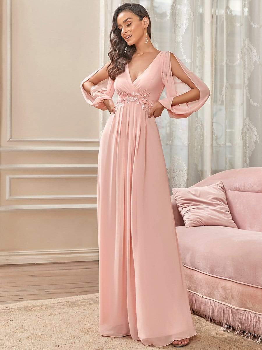 Robe de Soiree Longue Elegante Avec Lanterne en V Profond a Manches Fendues et Appliques #Couleur_Rose