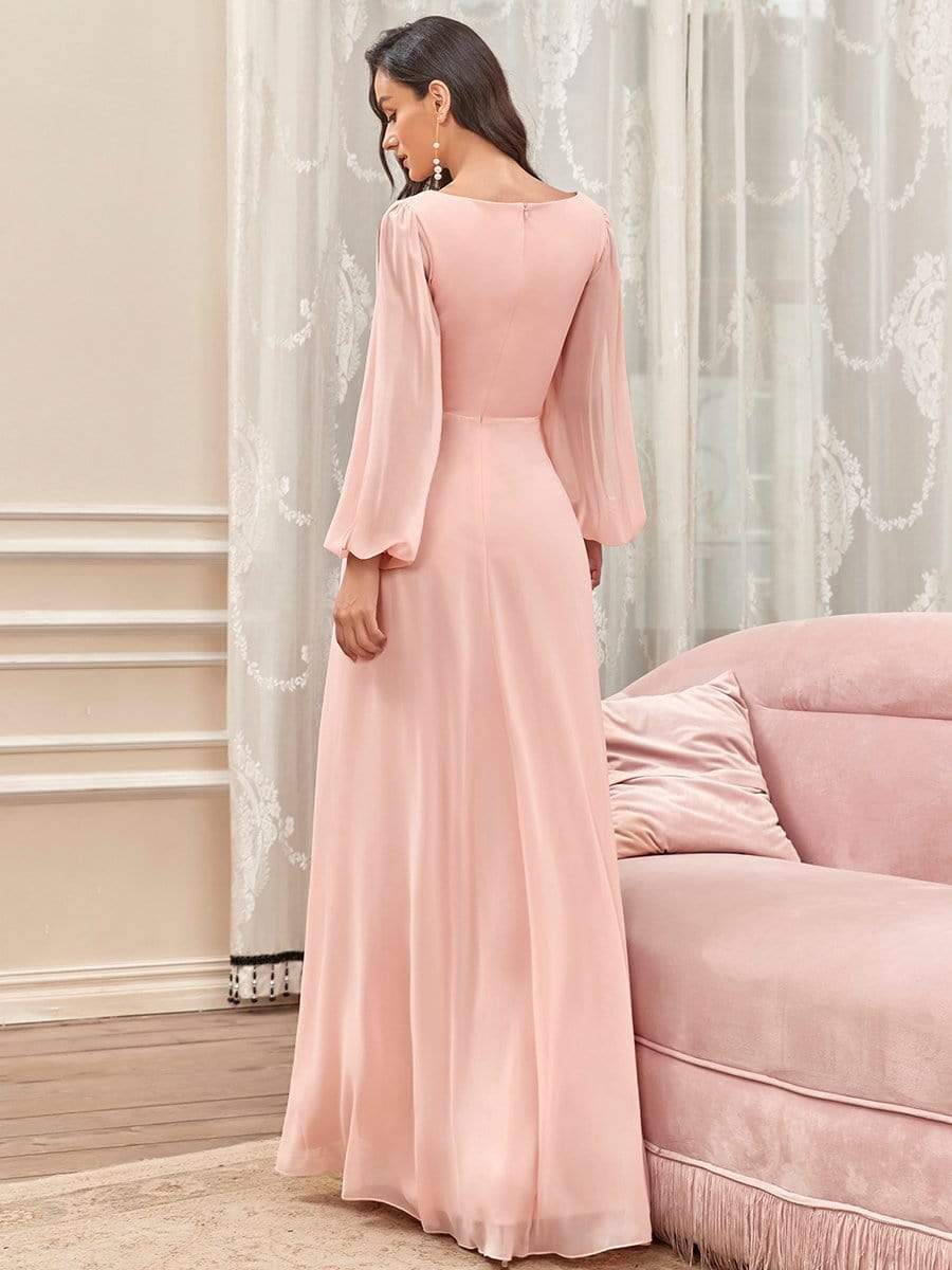 Robe de Soiree Longue Elegante Avec Lanterne en V Profond a Manches Fendues et Appliques #Couleur_Rose