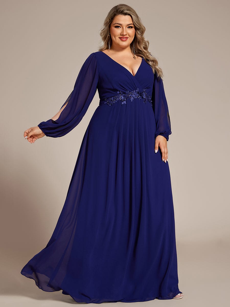 Robe de Soiree Longue Elegante Avec Lanterne en V Profond a Manches Fendues et Appliques #Couleur_Bleu Royal