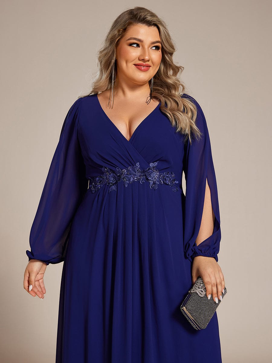 Robe de Soiree Longue Elegante Avec Lanterne en V Profond a Manches Fendues et Appliques #Couleur_Bleu Royal