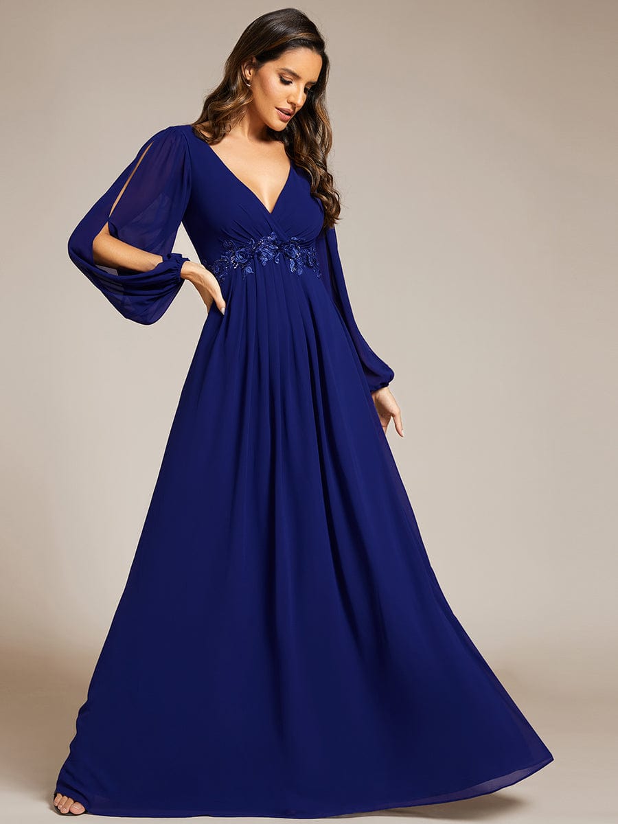 Robe de Soiree Longue Elegante Avec Lanterne en V Profond a Manches Fendues et Appliques #Couleur_Bleu Royal