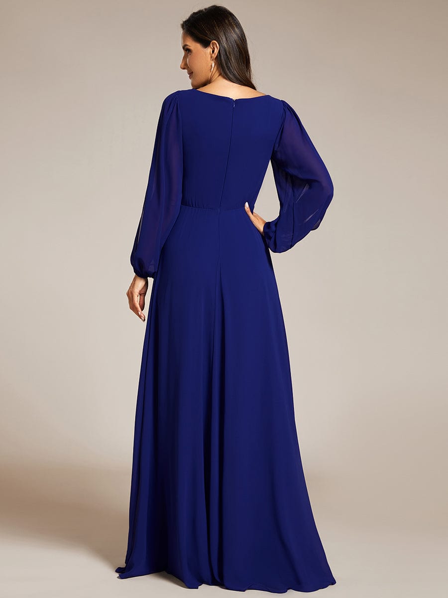 Robe de Soiree Longue Elegante Avec Lanterne en V Profond a Manches Fendues et Appliques #Couleur_Bleu Royal