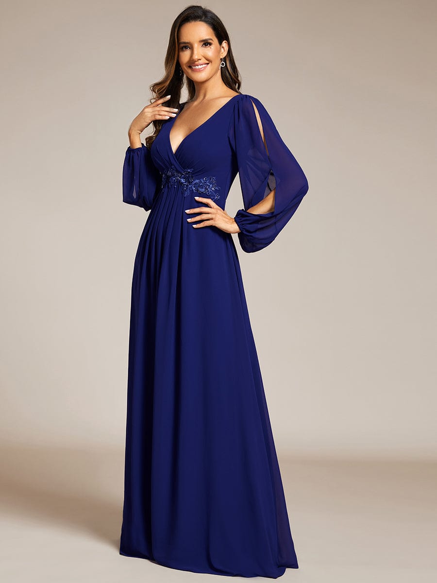 Robe de Soiree Longue Elegante Avec Lanterne en V Profond a Manches Fendues et Appliques #Couleur_Bleu Royal