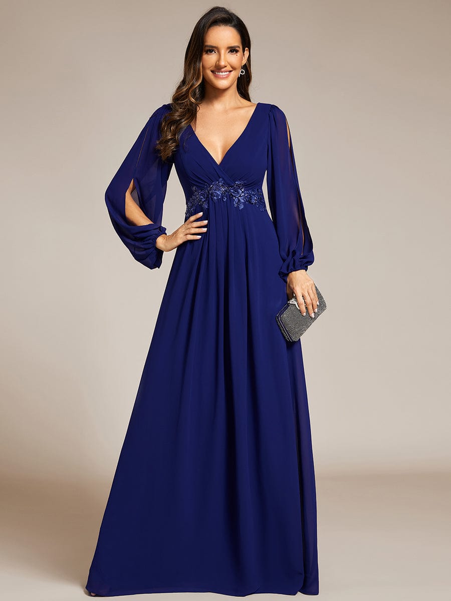 Robe de Soiree Longue Elegante Avec Lanterne en V Profond a Manches Fendues et Appliques #Couleur_Bleu Royal