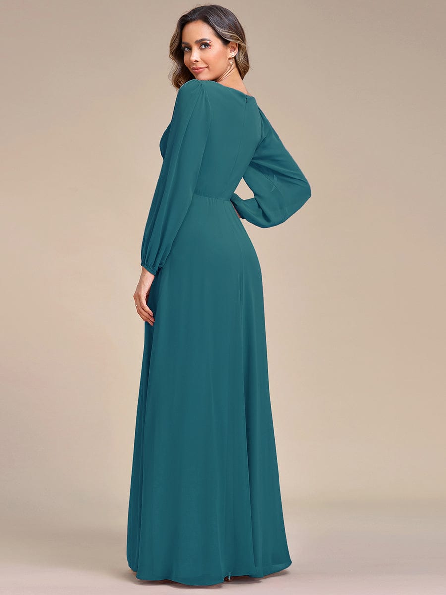 Robe de Soiree Longue Elegante Avec Lanterne en V Profond a Manches Fendues et Appliques #Couleur_Bleu Sarcelle