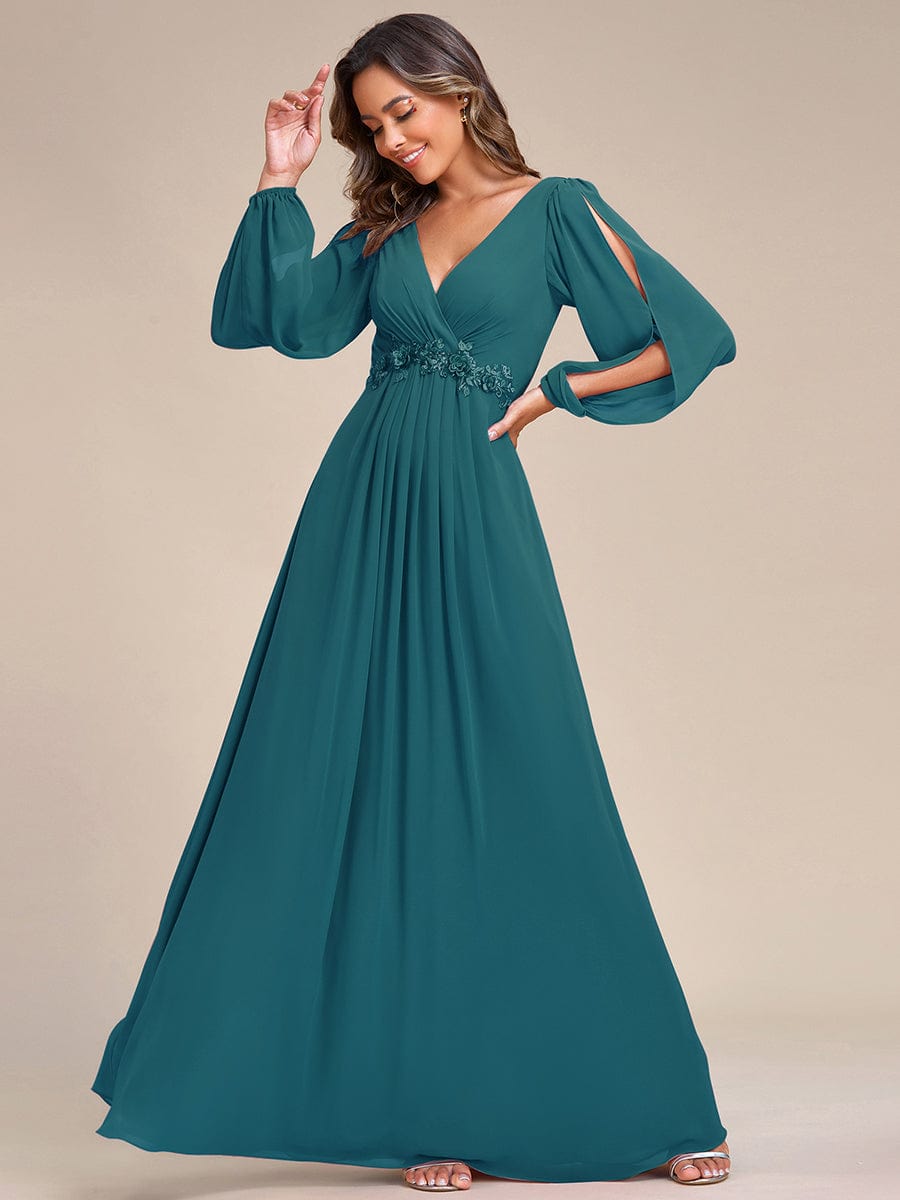 Robe de Soiree Longue Elegante Avec Lanterne en V Profond a Manches Fendues et Appliques #Couleur_Bleu Sarcelle