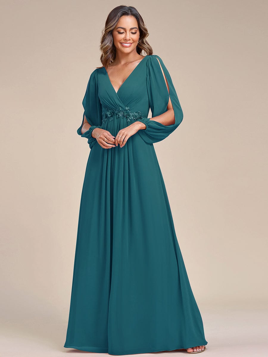 Robe de Soiree Longue Elegante Avec Lanterne en V Profond a Manches Fendues et Appliques #Couleur_Bleu Sarcelle