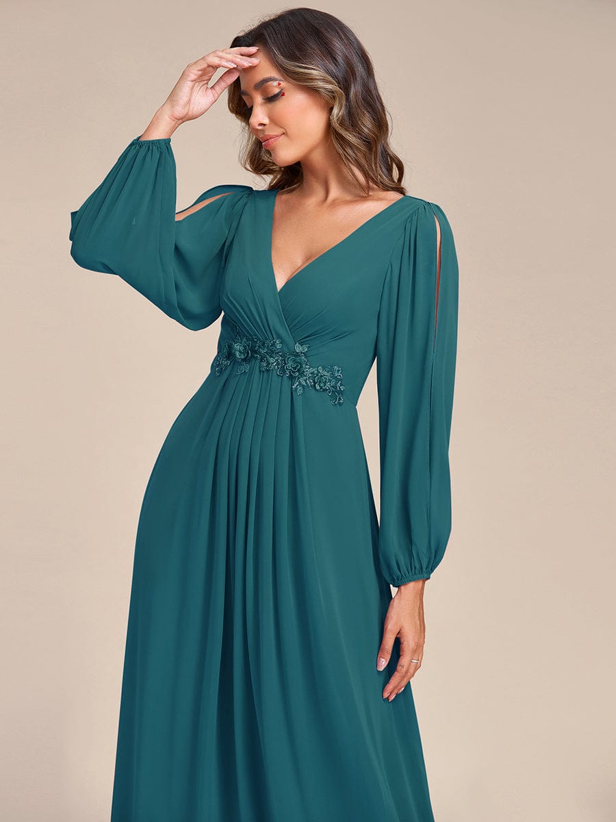 Robe de Soiree Longue Elegante Avec Lanterne en V Profond a Manches Fendues et Appliques #Couleur_Bleu Sarcelle