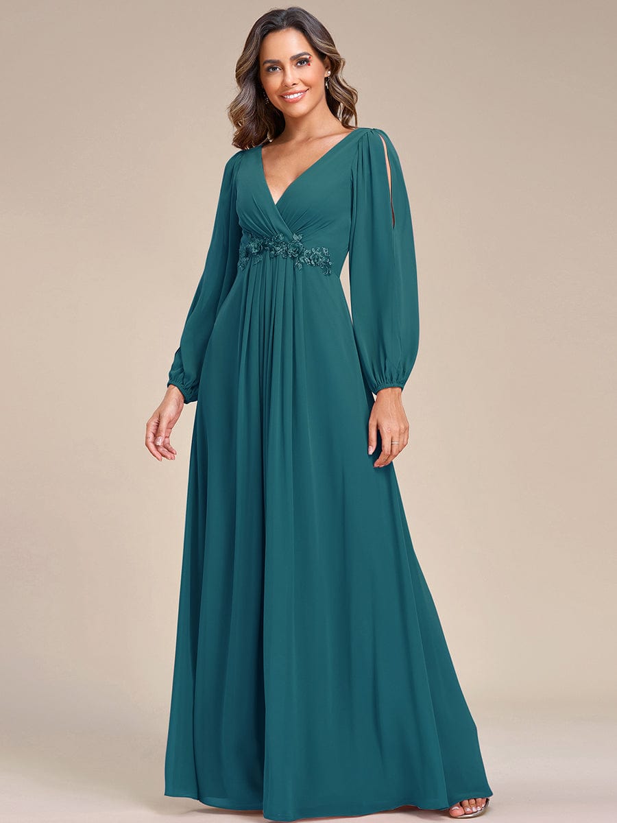 Robe de Soiree Longue Elegante Avec Lanterne en V Profond a Manches Fendues et Appliques #Couleur_Bleu Sarcelle