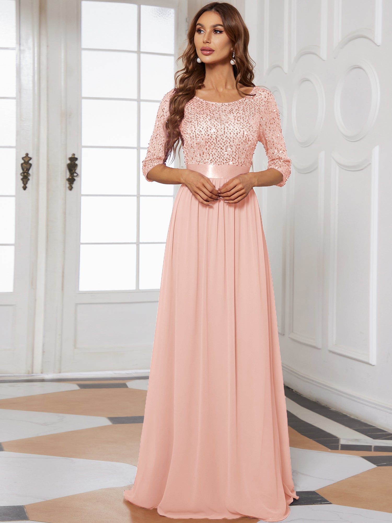 Taille personnalisée Robe de soirée encolure ronde sequins #Couleur_Rose