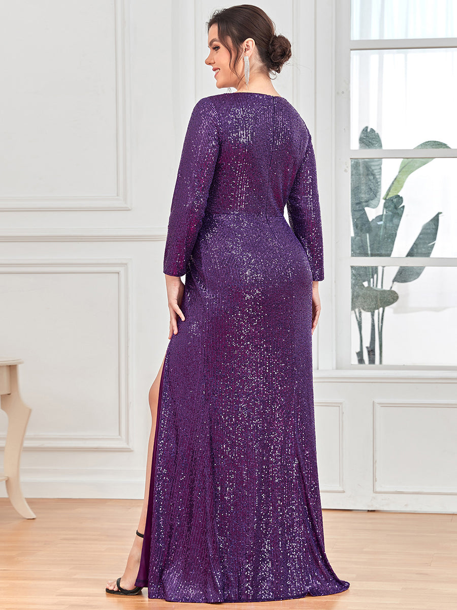 Robe de Soirée Grande Taille Brillante à Paillettes avec Fente #Couleur_Violet Fonce