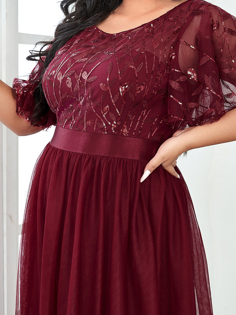 Robe de soirée brodée à manches courtes pour femmes de Grande taille #Couleur_Bordeaux