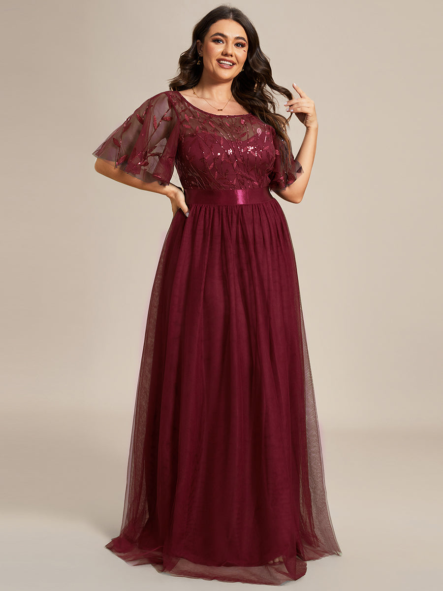 Robe de soirée brodée à manches courtes pour femmes de Grande taille #Couleur_Bordeaux