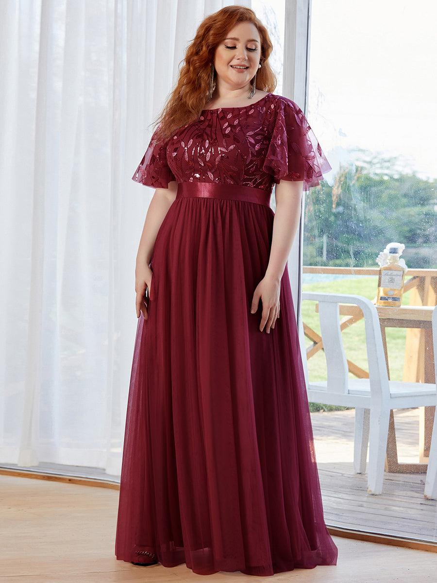 Robe de demoiselle d'honneur Brodées à manches courtes en ligne A pour femmes #Couleur_Bordeaux