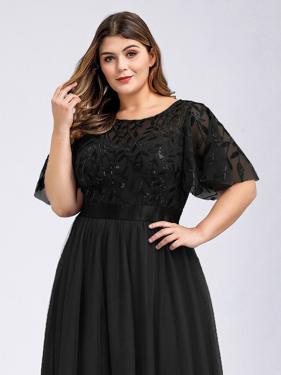 Robe de soirée brodée à manches courtes pour femmes de Grande taille #Couleur_Noir