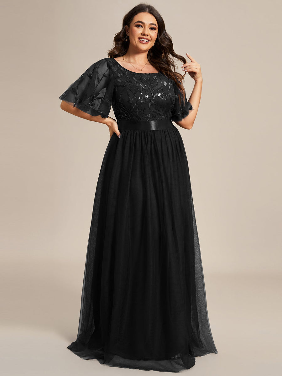 Robe de soirée brodée à manches courtes pour femmes de Grande taille #Couleur_Noir