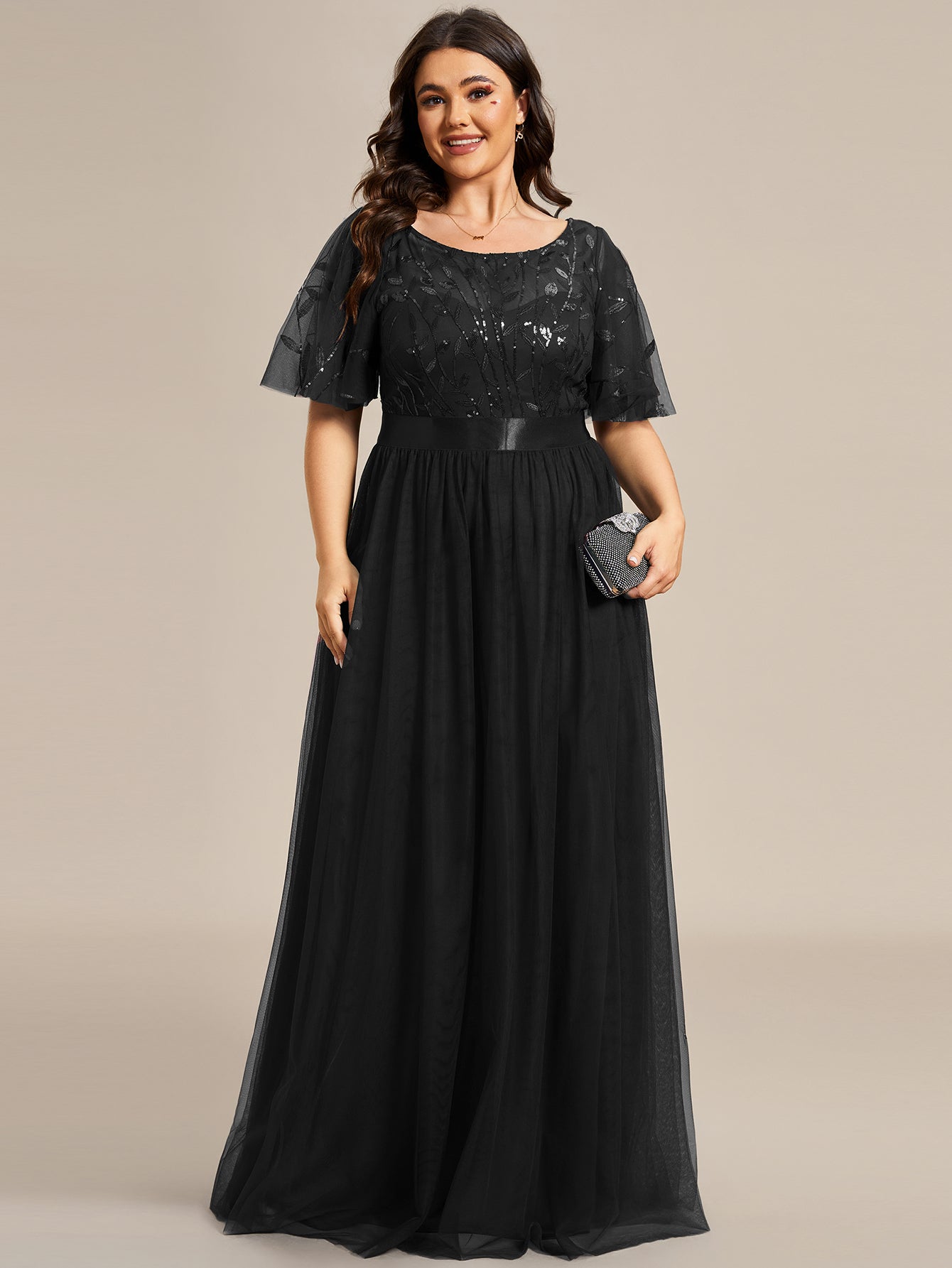 Robe de soirée brodée à manches courtes pour femmes de Grande taille #Couleur_Noir