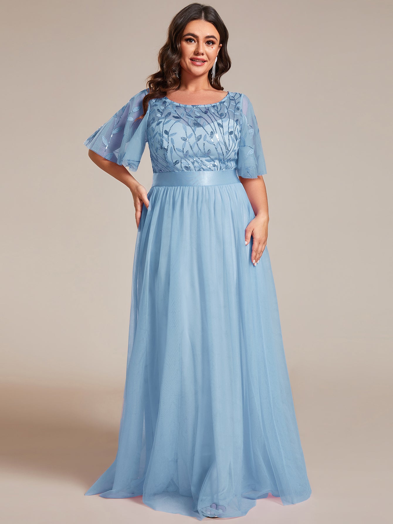 Robe de soirée brodée à manches courtes pour femmes de Grande taille #Couleur_Bleu Ciel