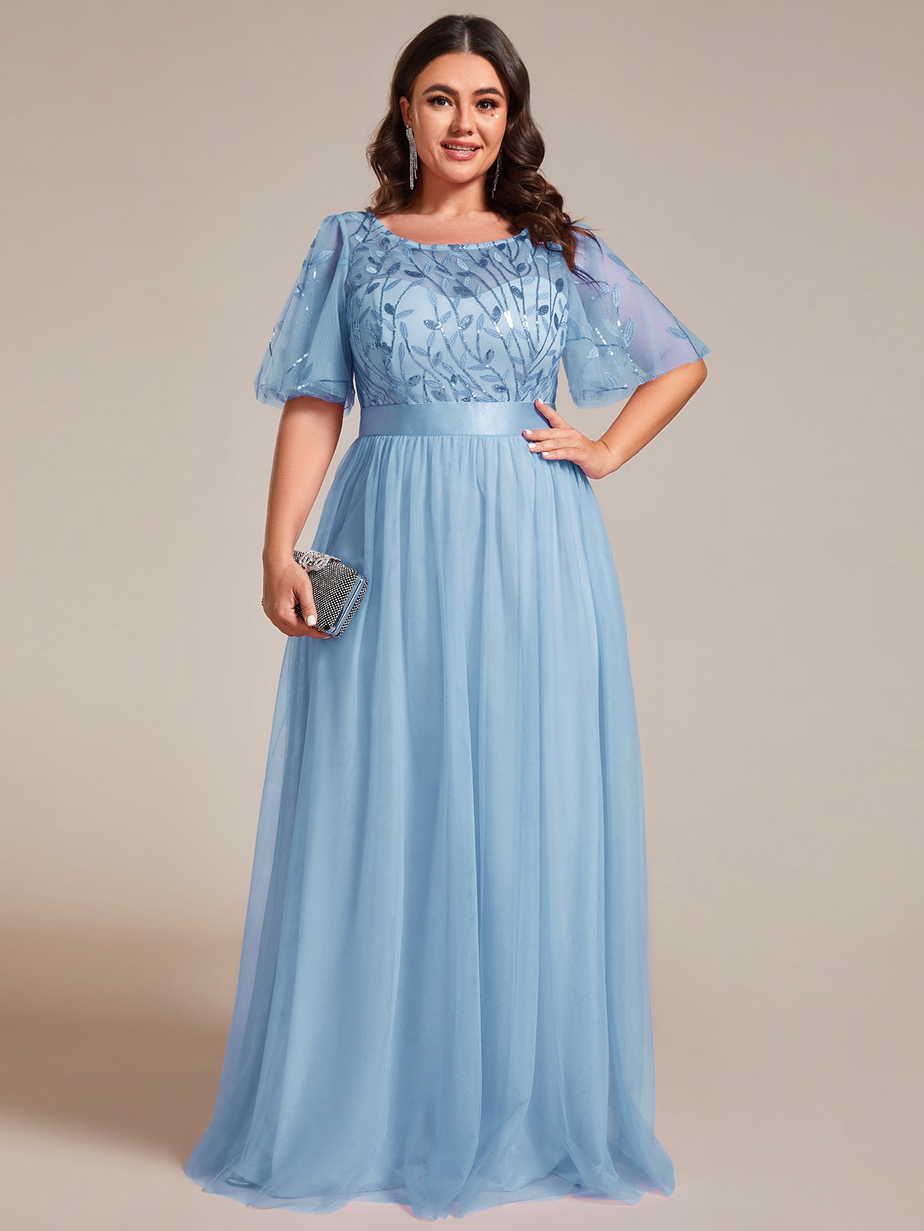 Robe de soirée brodée à manches courtes pour femmes de Grande taille #Couleur_Bleu Ciel