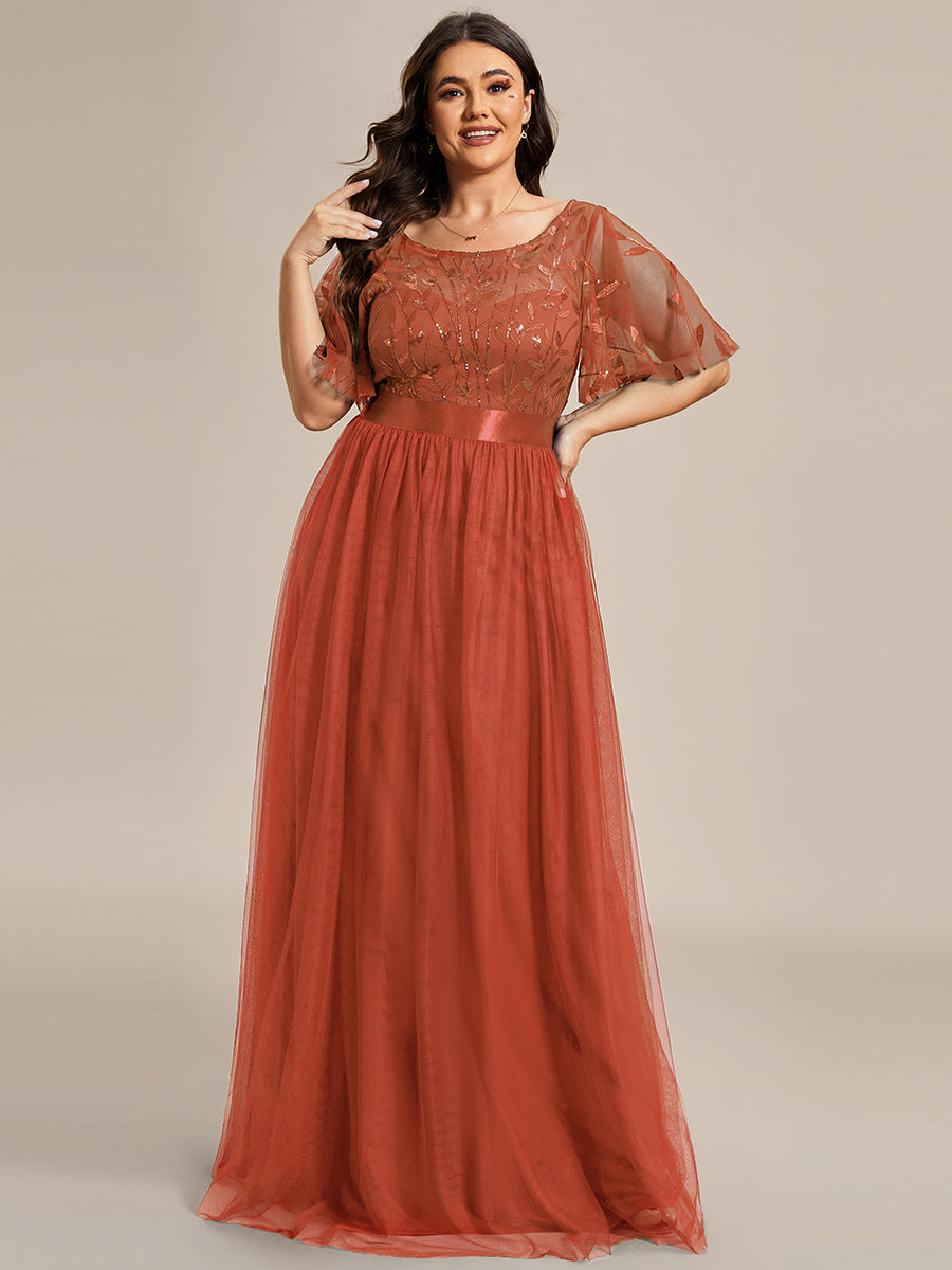 Robe de soirée brodée à manches courtes pour femmes de Grande taille #Couleur_Burnt Orange