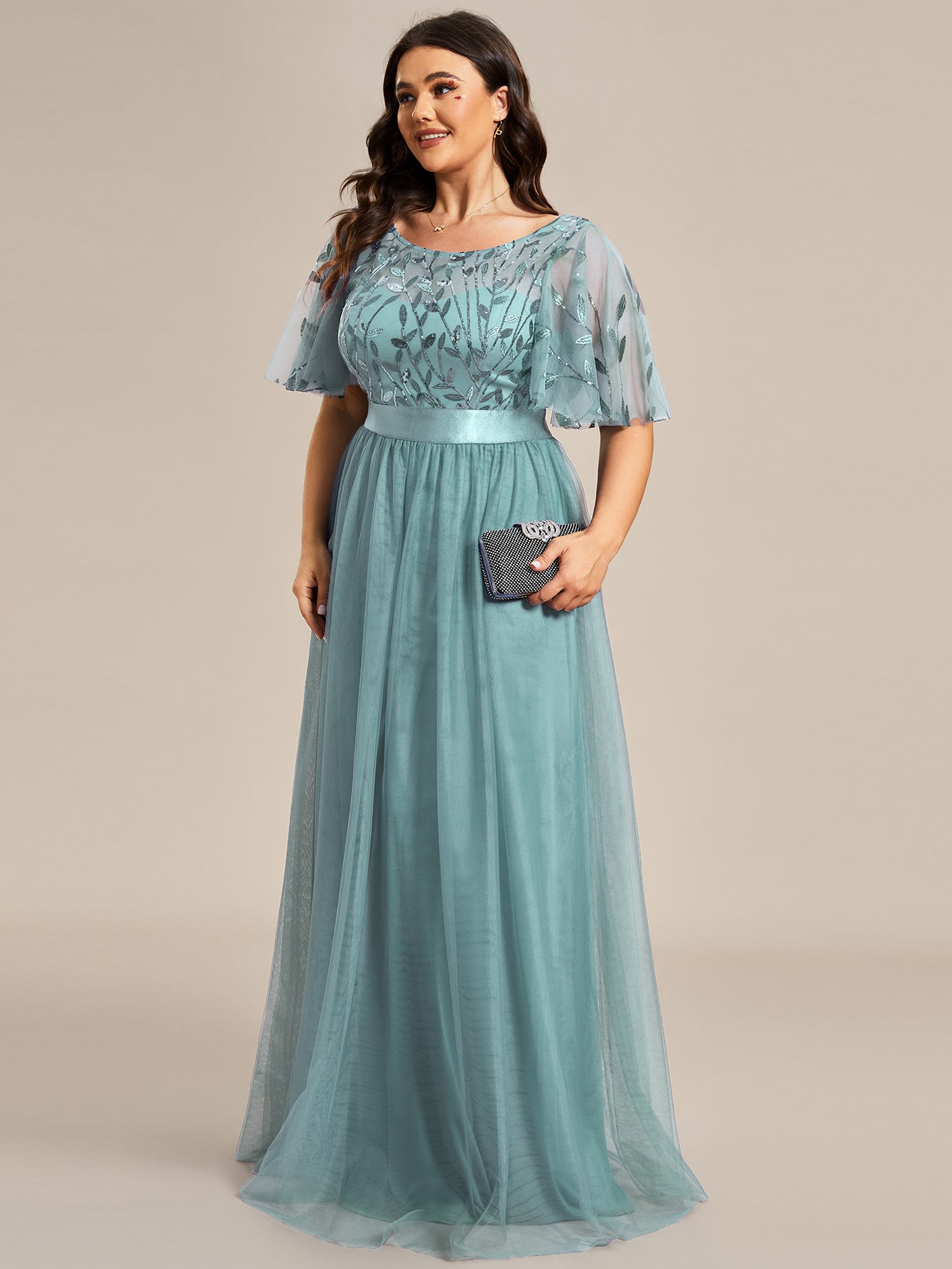 Robe de soirée brodée à manches courtes pour femmes de Grande taille #Couleur_Bleu Fume